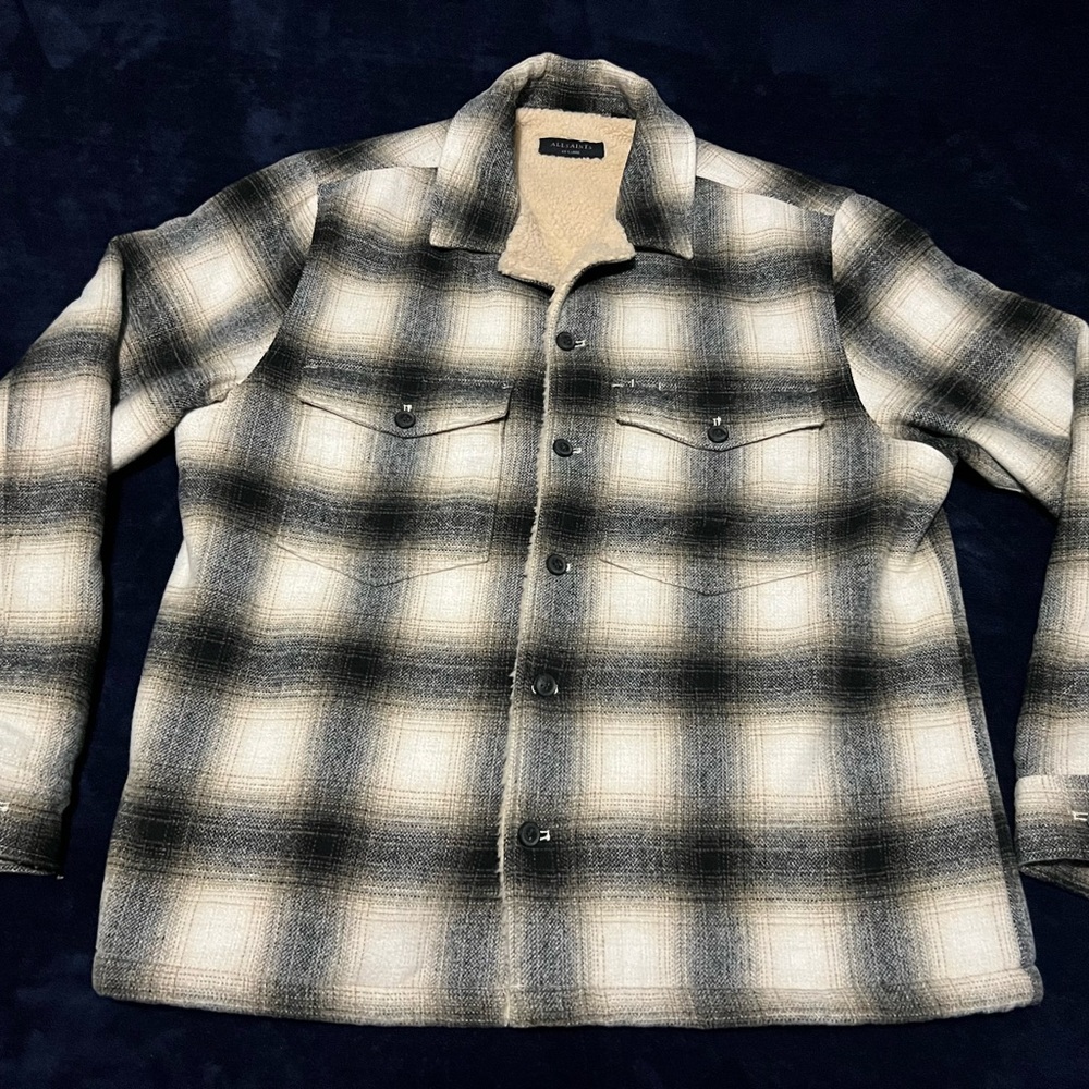 All Saints Tromso Sherpa Lined Flannel Jacket Wool Blend Mens 2XL